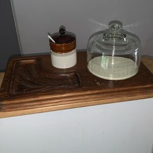 Wooden Serving Tray with Glass Dome and Ceramic Dish